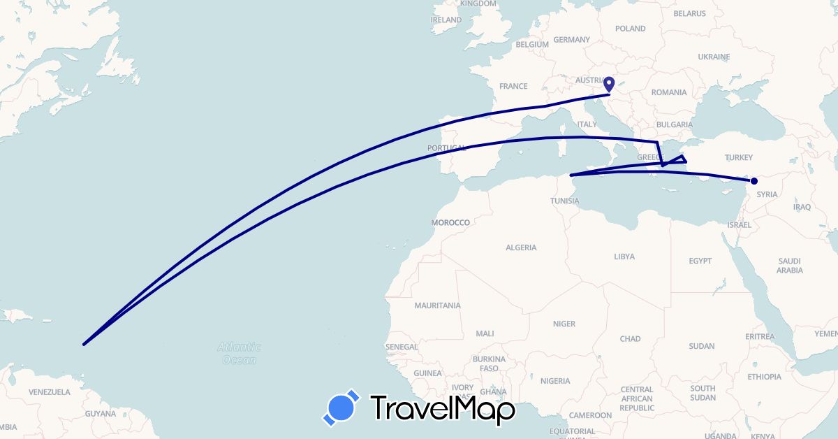 TravelMap itinerary: driving in France, Greece, Croatia, Syria, Tunisia, Turkey (Africa, Asia, Europe)